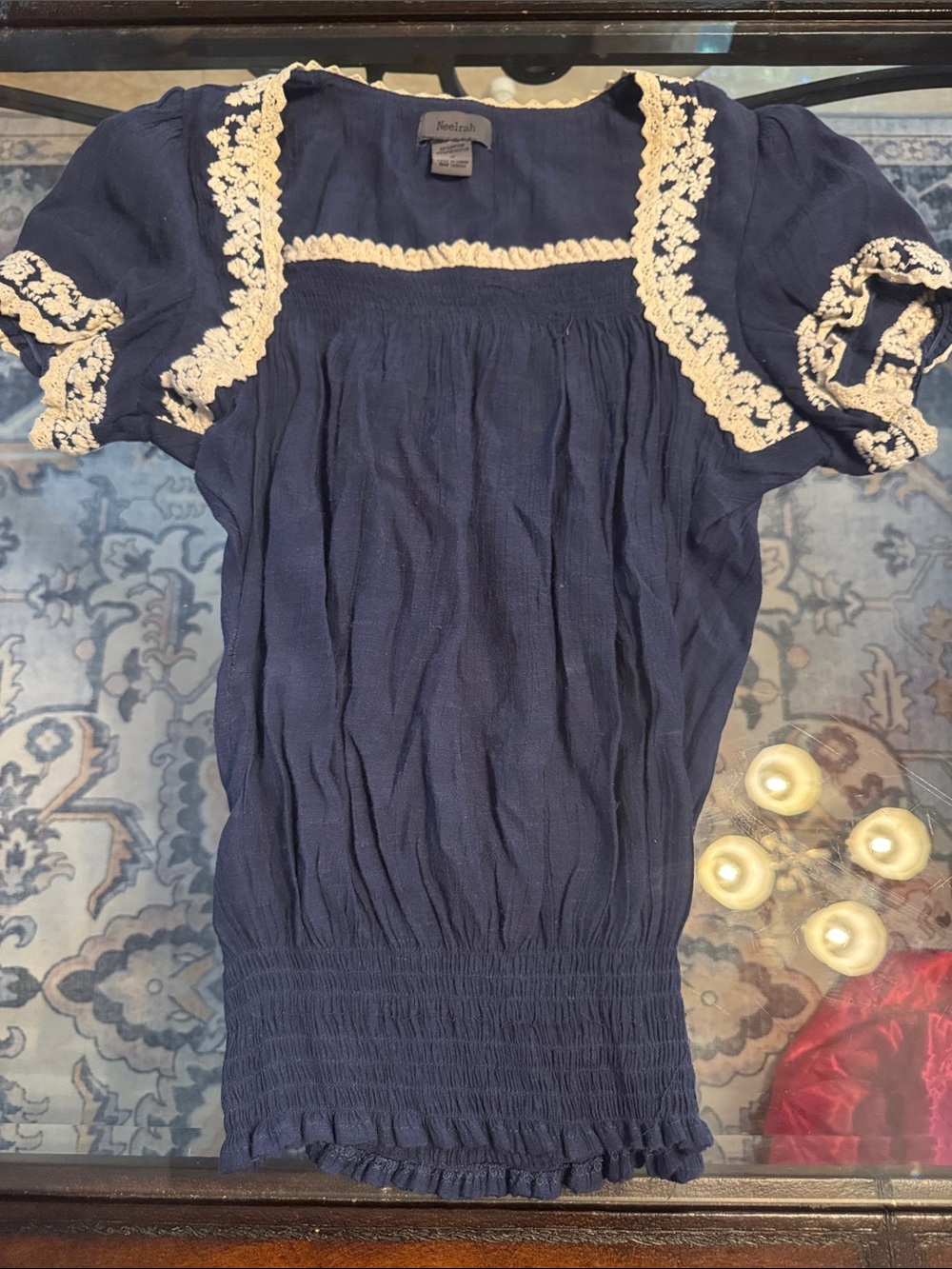 Noelle Navy Midi Dress with Cream Crochet Trim